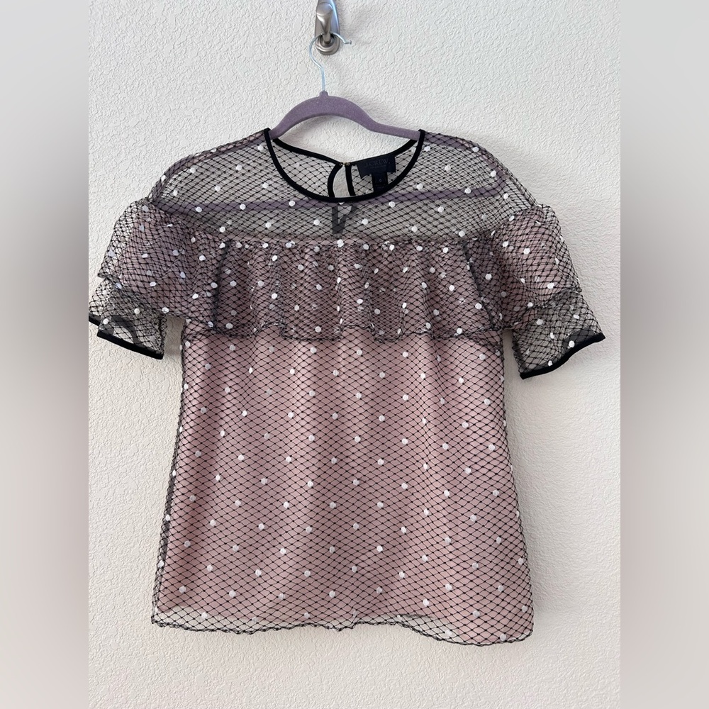 J Crew Collection Edie Swiss Tulle Tan and Black Ruffle Blouse Size 0